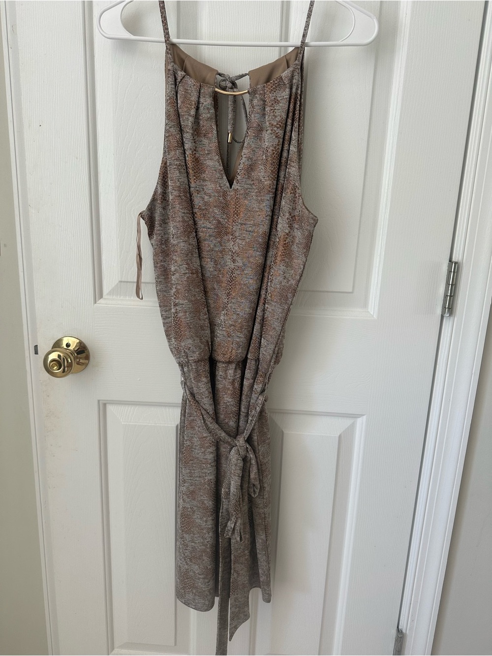 White House Black Market Taupe Printed Midi Dress with Tie Waist